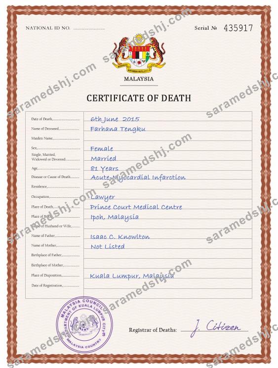 Malaysia death certificate PSD template